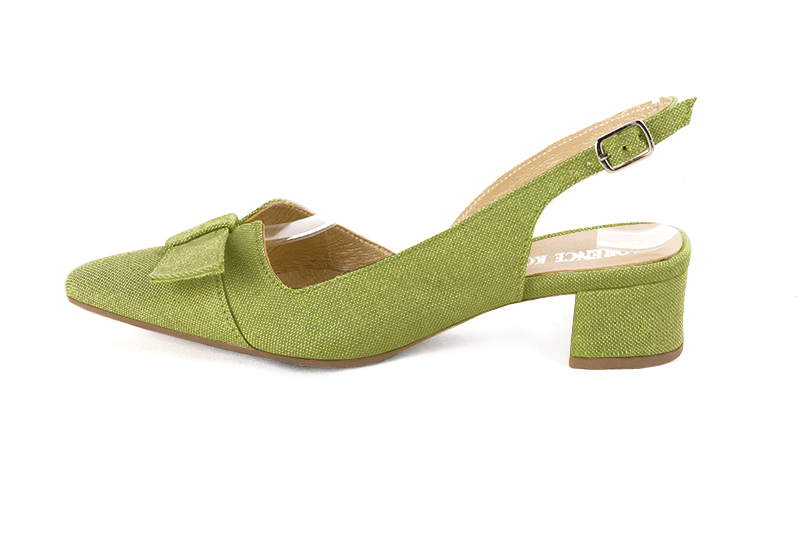 Grass green women's slingback shoes. Tapered toe. Low flare heels. Profile view - Florence KOOIJMAN